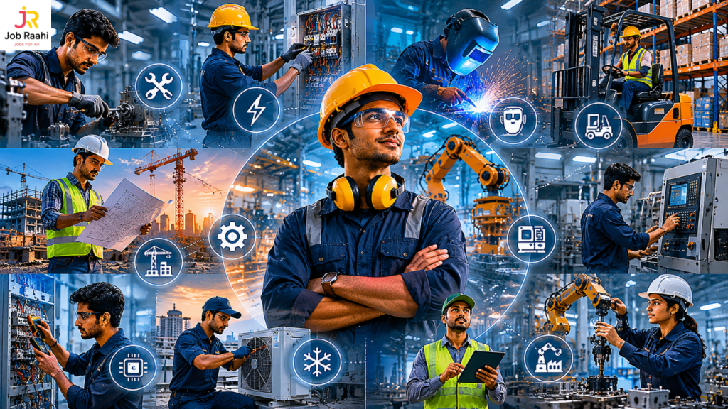A blue collar worker in a hard hat operating machinery on an Indian manufacturing floor, representing India's growing skilled labor workforce in 2026.